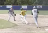 JEREMIAH BARTZ/Frontiersman Alaska infielders Scott Kramer (4)
and Dusty Wisdom (8) catch Service catcher Stephen Ferntheil in a
run-down during an 8-6 loss to the Cougars no Saturday.
