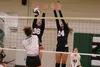 Colony senior Aleah Yundt and junior Gabby Wakaliuk reach for a block during a 3-0 win over Soldotna Thursday, Aug. 24, 2017, at Colony High School. Jeremiah Bartz/Frontiersman
