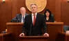 Gov. Mike Dunleavy delivers the State of the State address on Tuesday, Jan. 30, 2024, at the Alaska State Capitol in Juneau. Behind him are Senate President Gary Stevens, R-Kodiak, and Speake