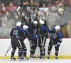 Palmer celebrates a goal by Elijah Von Gunten (7) at the First National Cup Division II state hockey tournament Saturday, February 8, 2025, at the Soldotna Regional Sports Complex in Soldotna