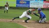 Mat-Su Miners shortstop Austin Bull tags Anchorage's Will Brennan out at second during a 5-1 win over the Glacier Pilots Thursday at Hermon Brothers Field in Palmer. Jeremiah Bartz/Frontiersm