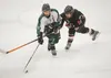 Houston Hawk Mike Spidal pressures Colony’s Logan Sanders during a Friday game at the Curtis C. Menard II Memorial Ice Arena in Wasilla. ROBERT DeBERRY/Frontiersman.com