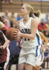 Former Palmer High basketball player Jaimi Cox, pictured here while playing for the Moose, recently played for a NWAACC title. Cox and another former Palmer player, Ashley Swetzof, now play f