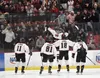 Daniel Matveev celebrates his goal at the Division II state hockey tournament Saturday, Feb. 3, 2024, at the Soldotna Regional Sports Complex in Soldotna, Alaska. Jeff Helminiak/Peninsula Cla