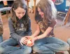 Birchtree Charter School third-graders Belle Lang and Ariah Brown hold a newborn chick in their classroom Friday afternoon. The chicks began hatching this past week at the school. ROBERT DeBE