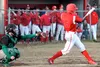 Despite Colony catcher Brenden Jakimec’s wince, Wasilla senior Blake Marks hits a ball all the way to the fence, only for it to be caught by Colony’s Logan Sanders. The Knights trumped the Wa