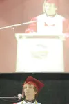 ROBERT DeBERRY/Frontiersman Valedictorian Adam Friese addresses
the Wasilla High School graduating Class of 2008 during Thursday
ceremonies at the Curtis C. Menard II Memorial Ice Rink in
Was