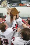 The Houston Hawks hoist the First National Cup after winning the 2015 3A state title Feb. 14. Courtesy of Bruce Eggleston/mats