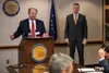 Attorney General Kevin Clarkson, front with Gov. Mike Dunleavy in the background. Clarkson announced on Monday that the recall effort against Dunleavy had insufficient legal grounds to certif