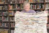 Sandra Giddens shows off a sleeping mat she’s making out of recycled grocery bags. She needs donations of plastic bags and people interested in learning to make the sleeping mats, which she i
