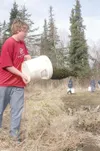 Michael Rovito/Frontiersman Alex Harrison, a seventh-grader at
Teeland Middle School, heaves a bucket of dirt during a recent
stream restoration field trip. The experience is part of Teeland’