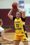Colony senior Tonya Karpow looks to pass the ball inside during the Alaska Association of Basketball Coaches Senior All-Star Games Saturday, April 12, 2025, at Grace Christian School in Ancho