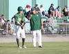 Mat-Su Miners manager Ben Taylor, left, speaks with infielder Drew Swift during a win over the Peninsula Oilers Friday at Hermon Brothers Field in Palmer. Taylor earned his 300th career win a
