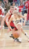 ROBERT DeBerry/frontiersman Above, Palmer’s Juliana Mangelsdorf
and Wasilla’s Jenna Johnson scramble for a loose ball during
Tuesday’s match-up at Palmer High School.
