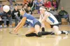 ROBERT DeBERRY/Frontiersman Palmer Moose Mikaela Bolling dives
for the dig as Brittany Arlow baks her up during the Moose's game
against the Colony Knights Thursday at Colony High School.