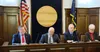 Alaska House Speaker Bryce Edgmon, I-Dillingham, speaks at a House majority news conference, April 8, 2025, in the Alaska State Capitol in Juneau. Rep. Chuck Kopp, R-Anchorage; Rep. Andy Jose