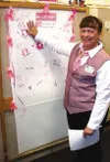 CASEY RESSLER/Frontiersman Penny Ressler shows off her hand
print on the Wall of Hope at Carrs in Wasilla. A two-year survivor
of breast cancer, she is helping lead the Wasilla store's
fund-r