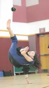 (ROBERT DeBERRY/Frontiersman) Chickaloon’s Simone Pushruk, 11,
eyes her target Saturday as she attempts to kick the ball during
the Alaska High Kick event at the Native Youth Olympics competi