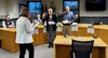 City Clerk Jamie Newman administers the Oath of Office to Wasilla council members Catherine Cottle and Stu Graham during the October 28 Wasilla City Council meeting. Courtesy of City of Wasil