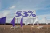 A row of purple and white flags blow in the wind in front of a sign with '53%' written on it along the Glenn Highway near the Alaska State Fairgrounds. ROBERT DeBERRY/Frontiersman.com
