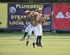 Mat Su Miners Outfielders Coby Boulware, Erik Webb and Matt Palmer celebrate Tuesday’s 4-1 victory over the Chinooks. Tim Rockey/Frontiersman