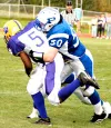 Palmer sophomore linebacker Jake Heun tackles Lathrop running
back Jomal Coffey during Palmer's win over the Malemutes two weeks
ago. Palmer can clinch the Northern Railbelt title with a win 
