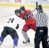 JEREMIAH BARTZ/Frontiersman Dylan Jones, left, tries to puck
Kyle Pichler off the push during an Alaska Avalanche intrasquad
scrimmage at the Curtis C. Menard II Memorial Ice Arena on
Thursda
