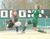 MATT TUNSETH/Frontiersman Colony midfielder Katie Gonski
challenges Skyview goalie Chantel Schefers Saturday during he
Knights’ 3-1 win at Colony High.