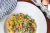 Pappardelle carbonara with pancetta and peas
