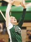 Colony High setter Mackenzie Everett sets the ball Wednesday during a 3-1 loss to the Palmer Moose at Colony High School. Palmer needed a 30-28 win over the Knights during the fourth game to 