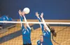 Palmer’s Macey Buresh and Brecken Riekena reach for a block during Thursday’s game against the Soldotna Stars at Palmer High School. ROBERT DeBERRY/Frontiersman.com
