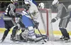 Palmer's Elijah Von Gunten attacks the Soldotna net in front of defensemen Aiden Stinnett and Aiden Burcham and goalie Jackson Purcell on Thursday, Dec. 8, 2022, at the Soldotna Regional Spor