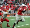 Wasilla receiver Jaden Walkemeyer runs past a West Valley defender en route to a 47-yard touchdown during a 54-7 loss to West Valley Sept. 11 at Wasilla High. Courtesy of Bruce Eggleston/mats