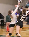 Colony's Haylee Duguid, left, and Isabel List work to keep the play alive during a 3-1 win over Palmer Tuesday at Colony High School. Jeremiah Bartz/Frontiersman