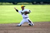 Mat-Su Miners infielder Kaden Hogan makes the throw from his knees to get the out at first during a 7-3 win over the Anchorage Bucs Friday, June 28, 2019, at Hermon Brothers Field in Palmer. 