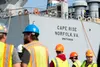 Longshoremen load military vehicles and equipment containers belonging to U.S. Army Alaska during a joint readiness exercise (JRE) at the Port of Anchorage, Anchorage, Alaska, Aug. 22, 2019. 
