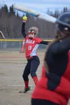 Wasilla's Allison Arndt fires a pitch against the Kenai Central Kardinals. Jeff Helminiak/Peninsula Clarion