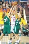 ROBERT DeBERRY/Frontiersman Megan Bowker and Allison Leigh
double-team Wasilla's Celeste Colegrove during Monday's first round
game at the 4A state championship tournament.