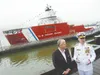 U.S. Sen. Dan Sullivan stands with acting Coast Guard Commandant Adm. Kevin Lunday during the after the commissioning ceremony for the Coast Guard icebreaker Storis on Sunday, Aug. 10, 2025, 