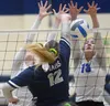 Palmer’s Deana McNutt and Talia Villnerve block against Soldotna’s Bailey Armstrong on Friday, Sept. 13, 2019, at Soldotna High School in Soldotna. Jeff Helminiak/Peninsula Clarion