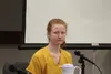 Andrea Cullington stares at Dominic Johnson while giving testimony on Monday. (Tim Rockey/Frontiersman)