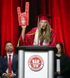 Student speaker Alli Devine brought out the foam finger during Wasilla High School's 2025 graduation ceremony May 13 at the Menard Sports Center. Bruce Eggleston/matsusports.net