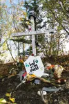 A memorial along the Glenn Highway near Mile 37.5 marks the location of a fatal motorcycle crash that killed Adam Johnson, 21, of Wasilla and David Hecker, 21, of Wasilla July 24. HEATHER A. 