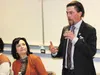 Vying for Senate Seat F, non-affiliated candidate Tim Hale, right, speaks as incumbent Republican opponent Shelley Hughes looks on during Tuesday night’s forum at Mat-Su College. Matt Hickman