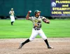 Mat-Su Miners infielder Angelo Armenta makes the throw from third during a 4-1 win over the Anchorage Bucs Thursday, Aug. 4, 2016, at Hermon Brothers Field in Palmer. Armenta hit a solo home 