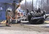 The driver of this pickup was transported to Mat-Su Regional Medical Center after her truck left the roadway and crashed into the Miller’s Express coffee stand on Bogard Road. Andrew Wellner