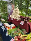 Allie Baker, from Chugach Farms in Chickaloon, greets a customer at her booth at the weekly Matanuska Community Farmers Market. Local produce lovers can shop the market from 4-7 p.m. each Wed
