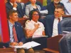 Sen. Loki Tobin, D-Anchorage, holds her hand to her chest on Saturday, Aug. 2, 2025, after the close vote on overriding Gov. Mike Dunleavy's veto of education funding. James Brooks photo/Alas