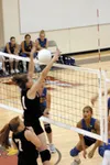 Houston setter Cynthia Sieben leaps for a block during the first
game of the Hawks' 3-1 loss to Monroe Catholic on Thursday. Photo
by JEREMIAH BARTZ/ Frontiersman
