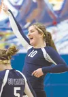 Emily Hartley celebrates a point with her teammates during her senior season at Susitna Valley. Hartley will play volleyball for UAF in the fall. MatSuSports.net